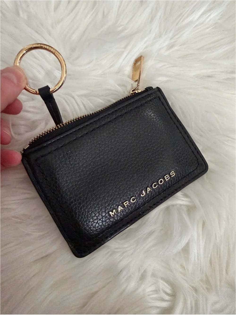 Marc Jacobs Black Leather & Gold Hardware Zip Card Case Keychain Ring Wallet